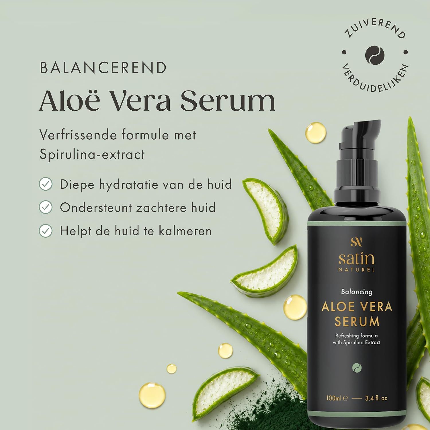 SATIN NATUREL Aloë Vera Serum fles met aloë vera bladeren en spirulinapoeder.