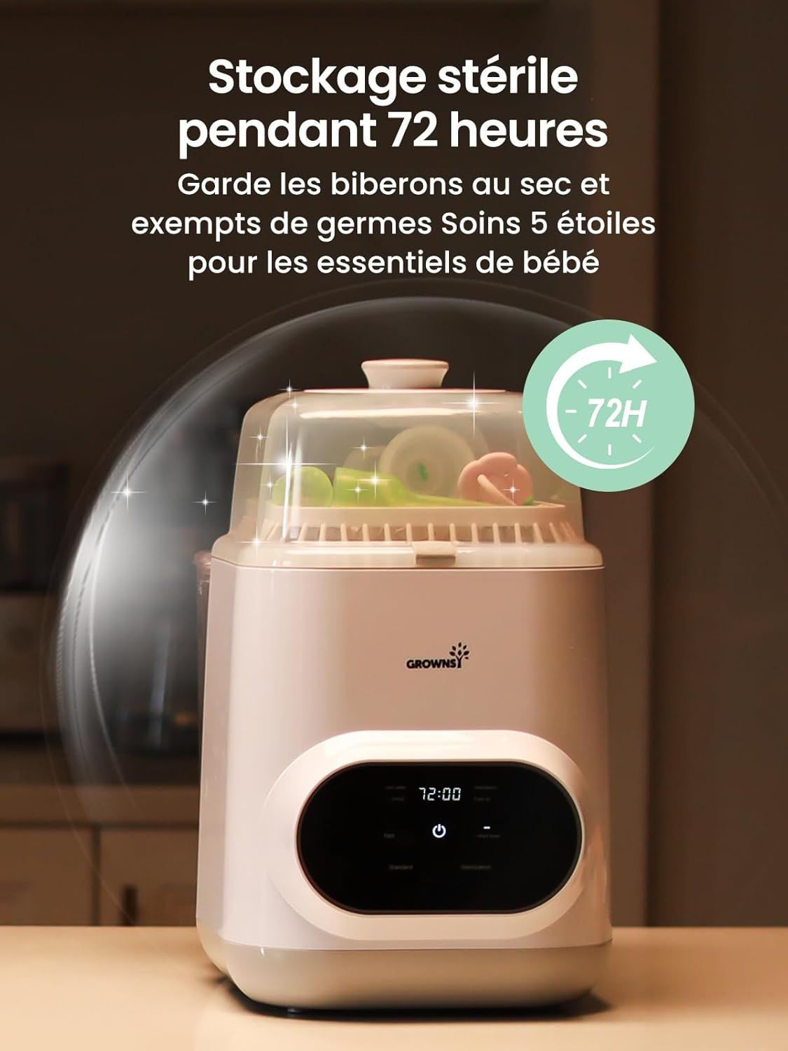 Stérilisateur de biberons blanc avec couvercle transparent et écran numérique. Comprend des supports pour biberons et accessoires.