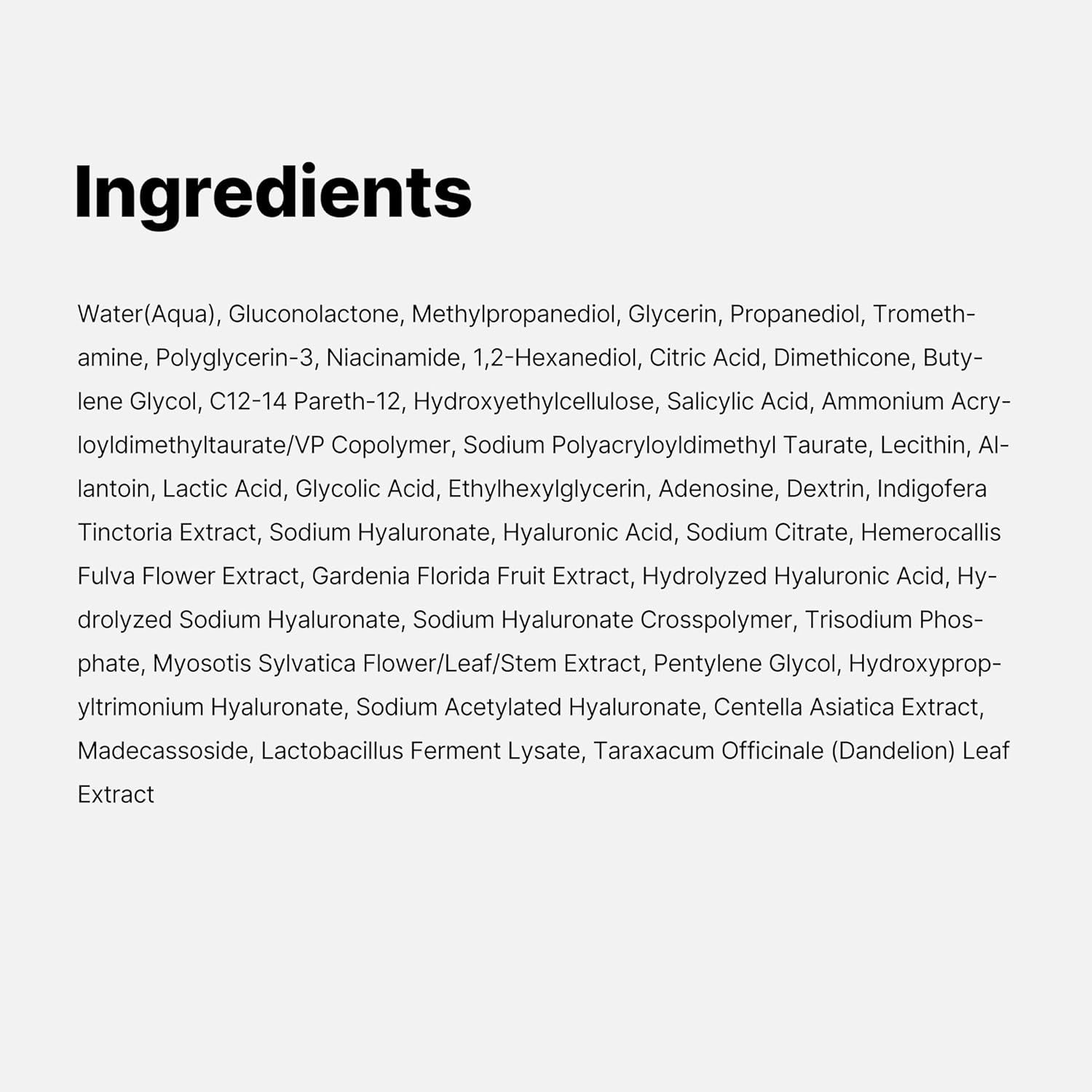 Lijst van ingrediënten van het MEDICUBE Zero Pore One Day Serum. Bevat water, glycerine, salicylzuur, etc.