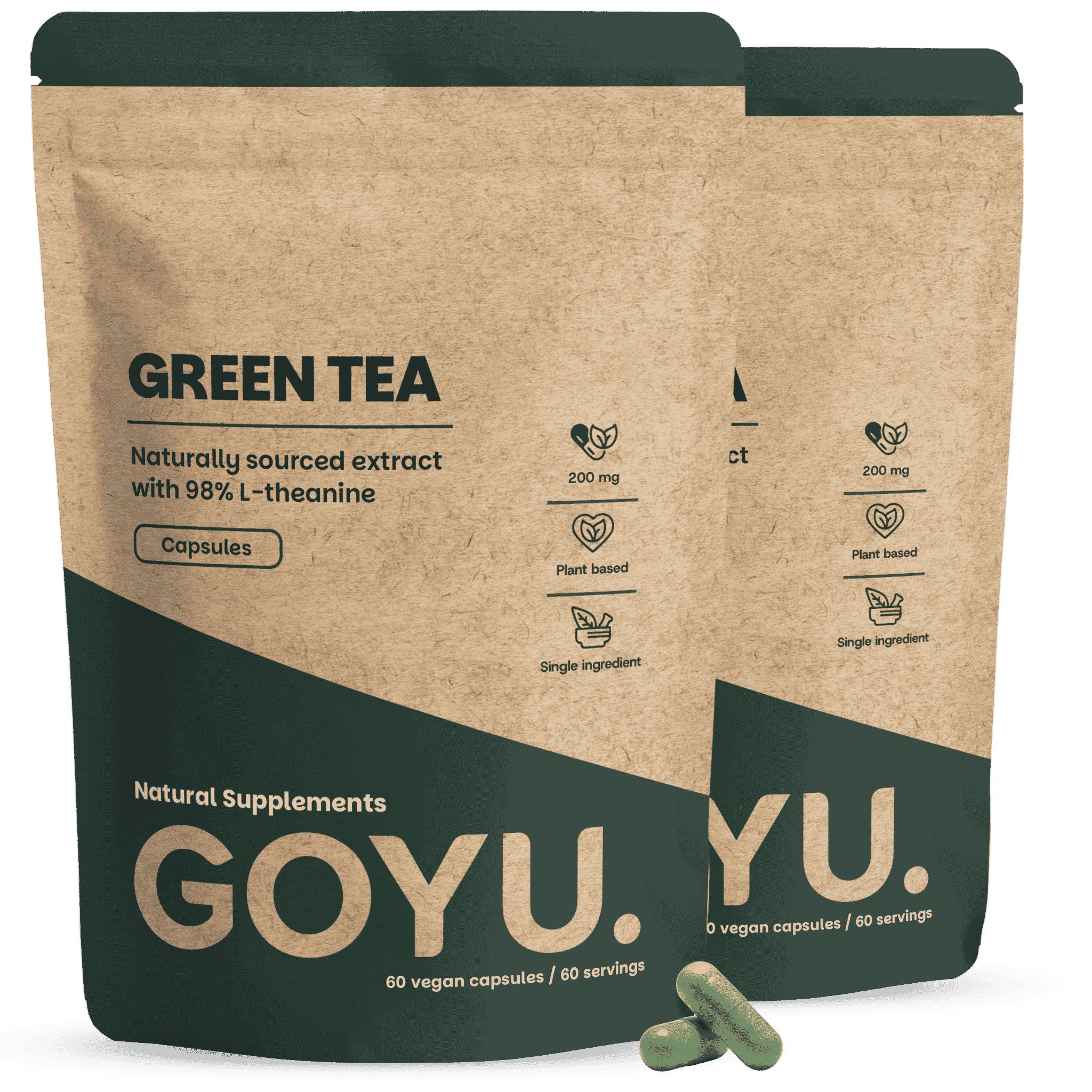 Twee zakjes groene thee capsules, 60 vegan capsules per zakje.
