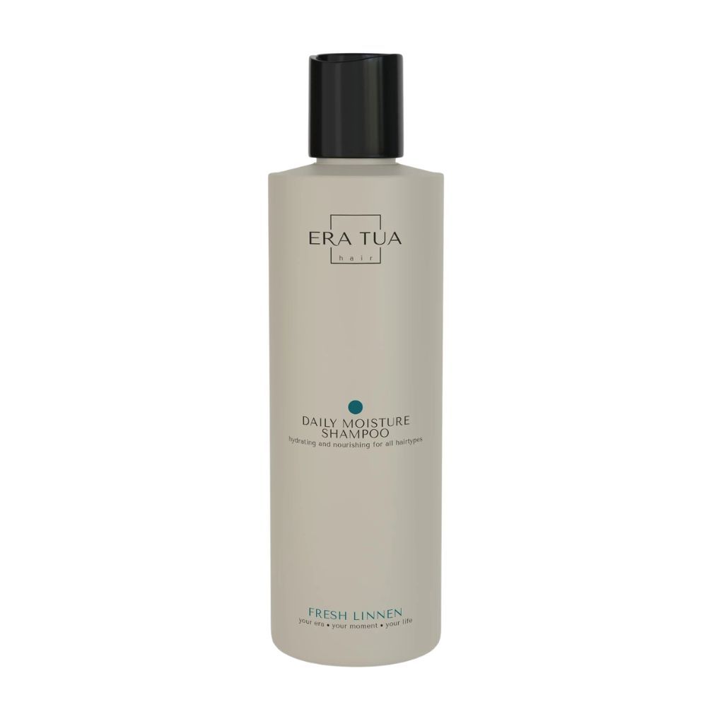 Flacon de shampooing beige à bouchon noir. Texte: Era Tua, Daily Moisture Shampoo, Fresh Linen. Pour tous types de cheveux.