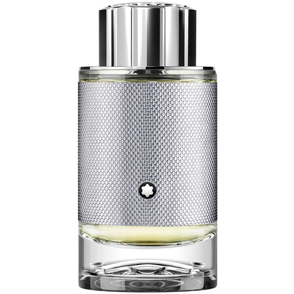 Montblanc Explorer Platinum EdP Nat. Spray. Zilverkleurige flacon met zilveren dop. Montblanc logo.