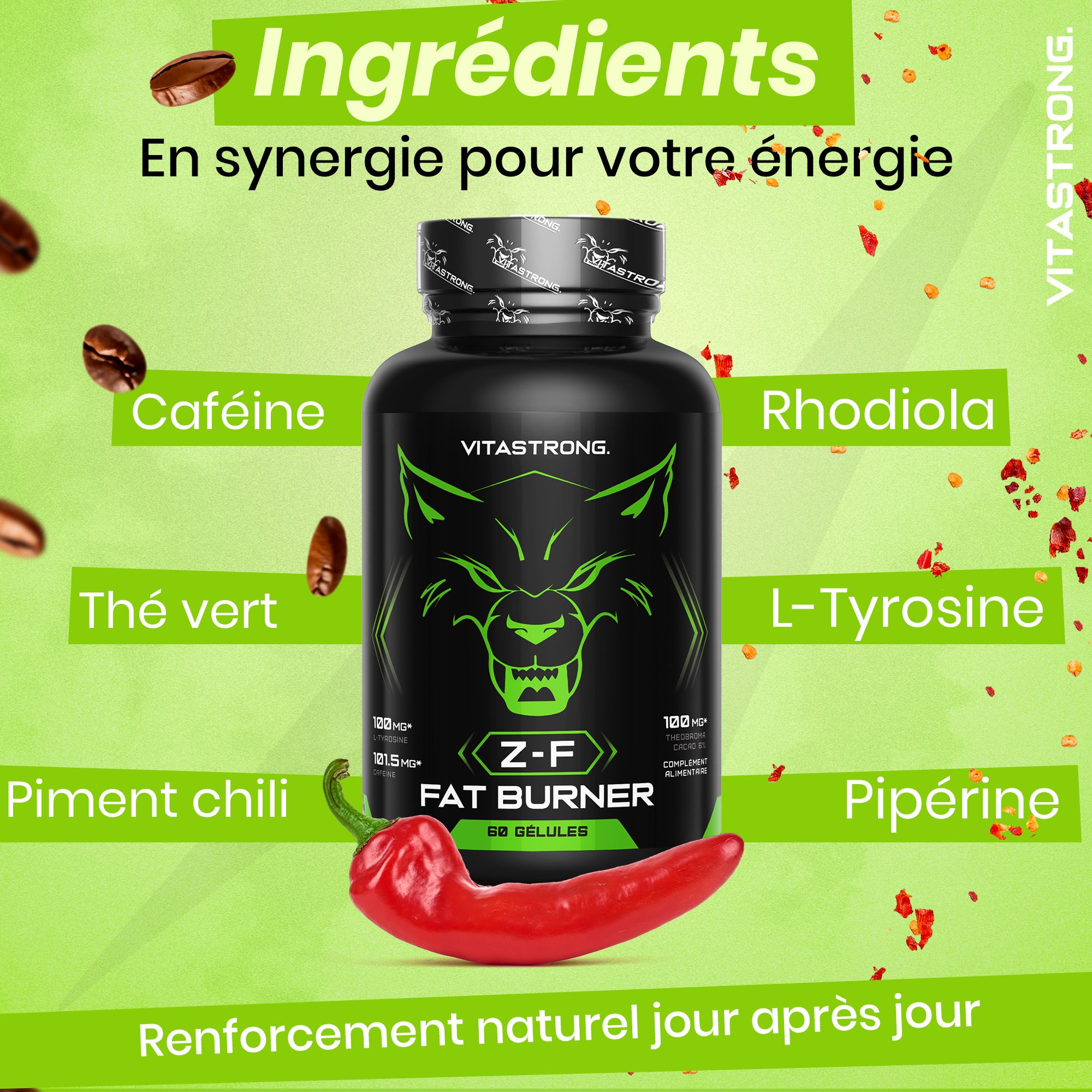 Vitastrong Z-F Fat Burner. Fles met ingrediënten: cafeïne, groene thee, chili, etc.