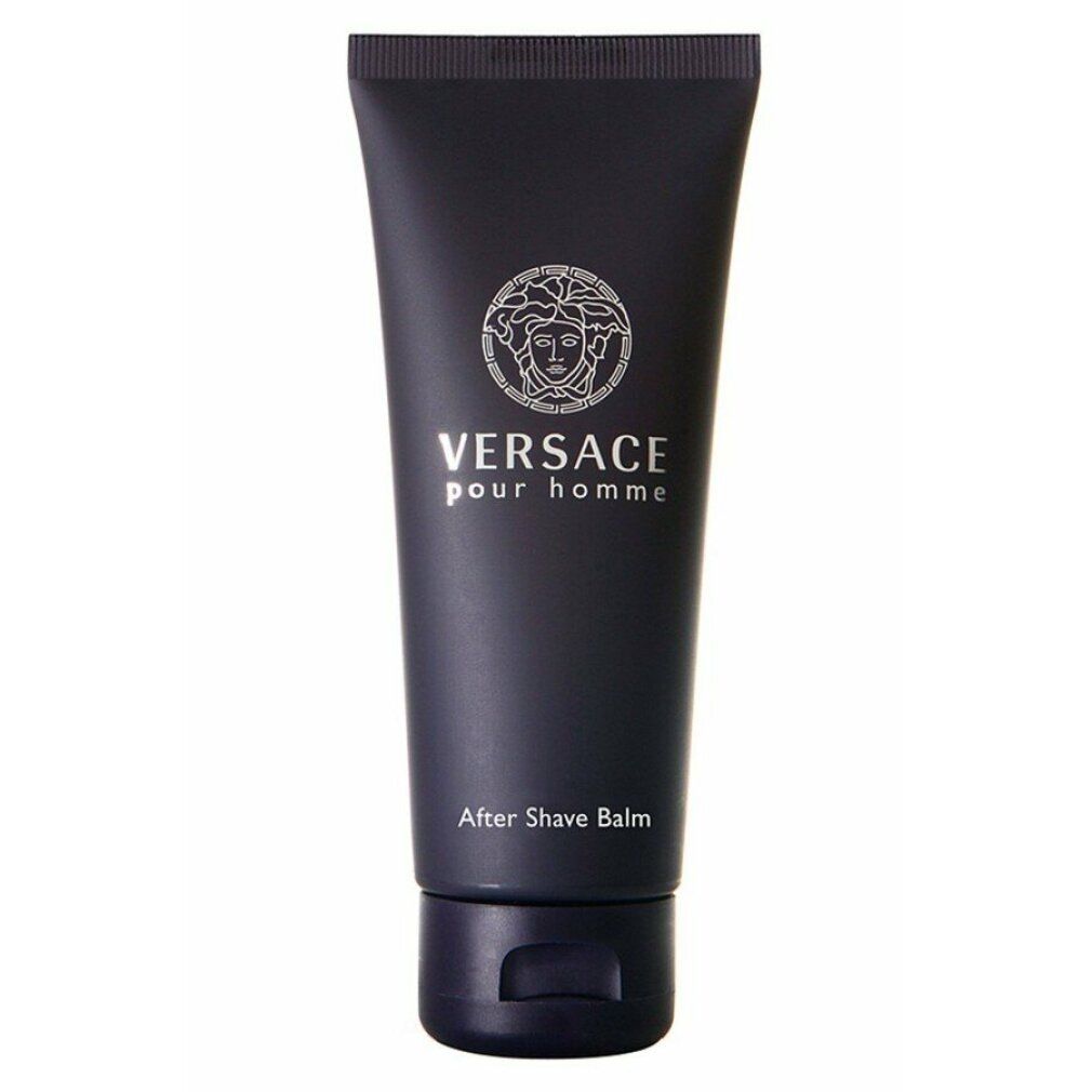 Donkerblauwe tube. Opschrift: VERSACE pour homme, After Shave Balm. Zilveren logo en tekst.
