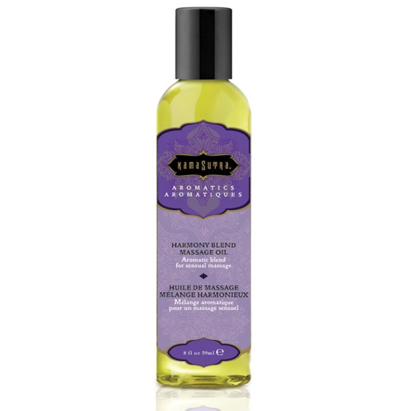 Bouteille d'huile de massage Kamasutra Aromatics Harmony Blend avec bouchon noir et étiquette violette.