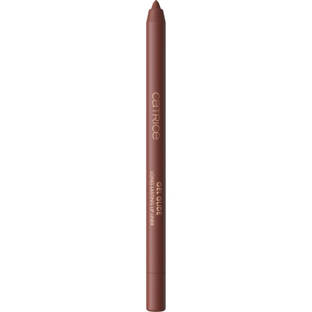 Crayon contour des lèvres Catrice Gel Glide. Crayon marron avec capuchon doré. Nom du produit et marque visibles.