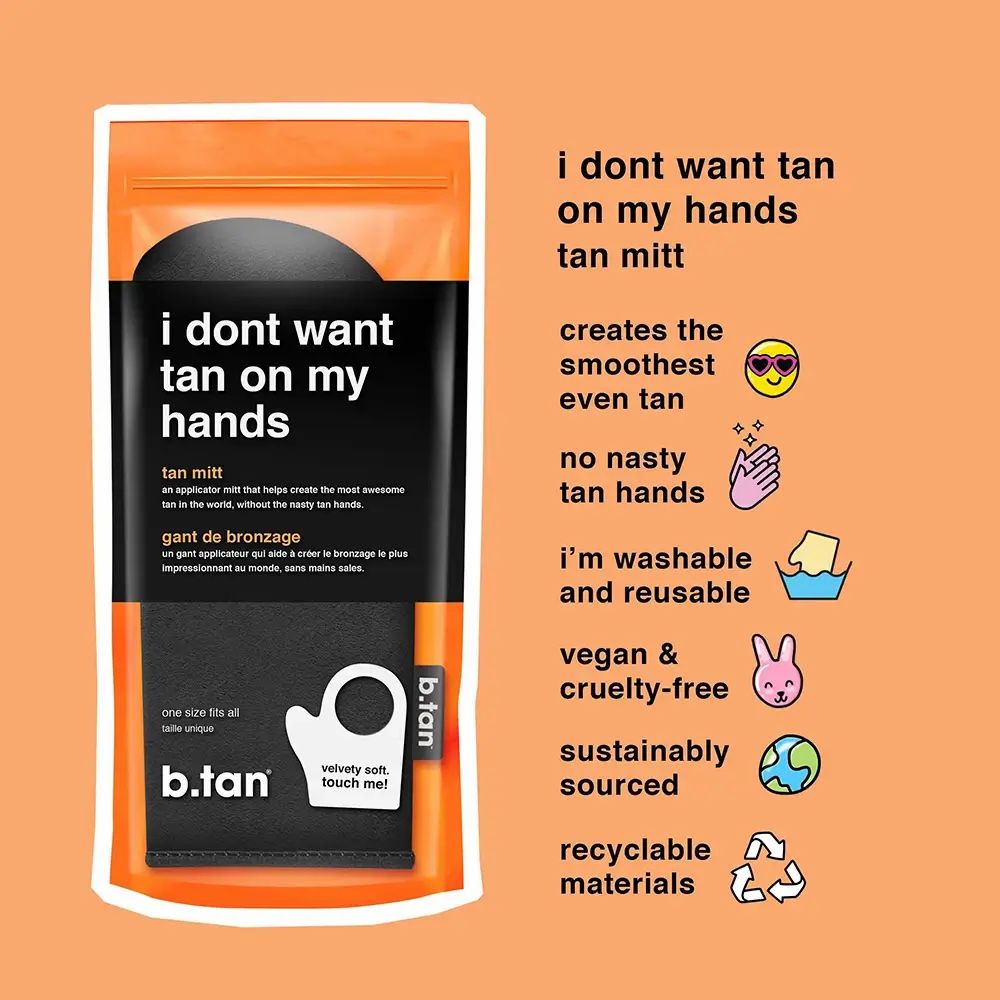 Verpakking met zwarte zelfbruiningshandschoen. Tekst: "i dont want tan on my hands", "b.tan". Extra iconen.