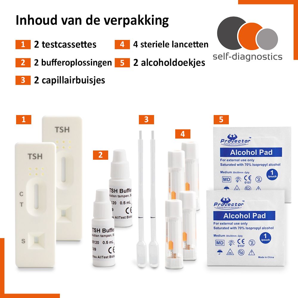 Inhoud van de test: 2 testcassettes, 2 bufferoplossingen, 2 capillairbuisjes, 4 lancetten, 2 alcoholdoekjes.