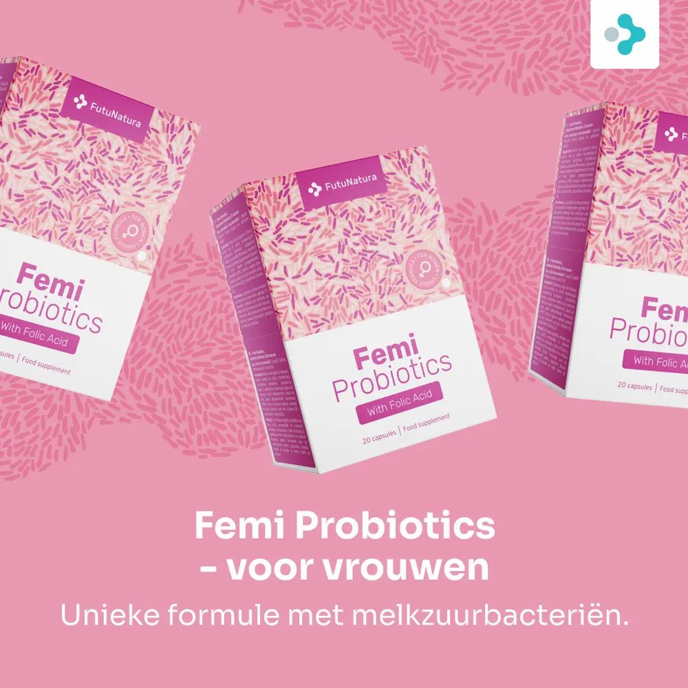 Femi Probiotics - voor vrouwen. Drie verpakkingen. Tekst: Unieke formule met melkzuurbacteriën.