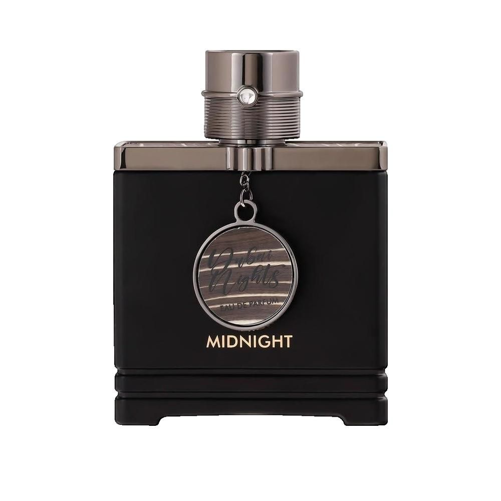 Zwarte flacon met zilveren dop en hanger. Opschrift "Midnight".