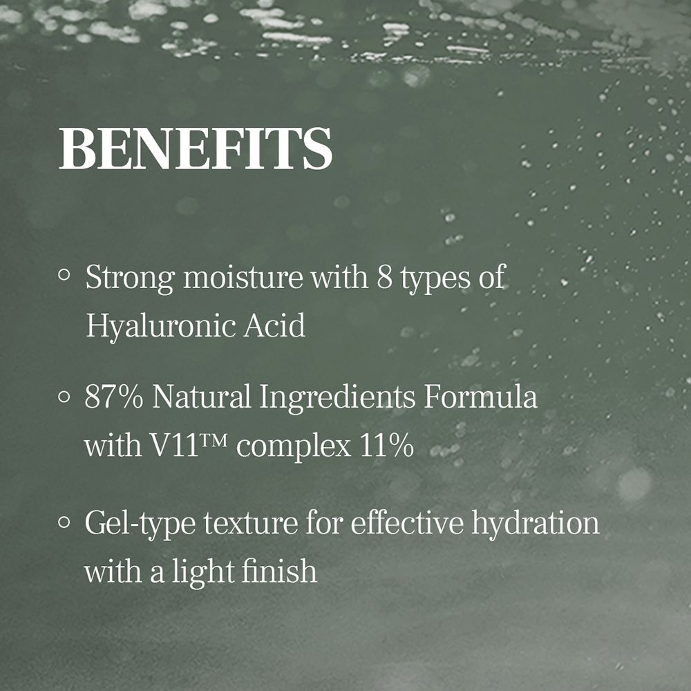 Tekst: BENEFITS. Voordelen: hydratatie, natuurlijke ingrediënten, geltextuur.