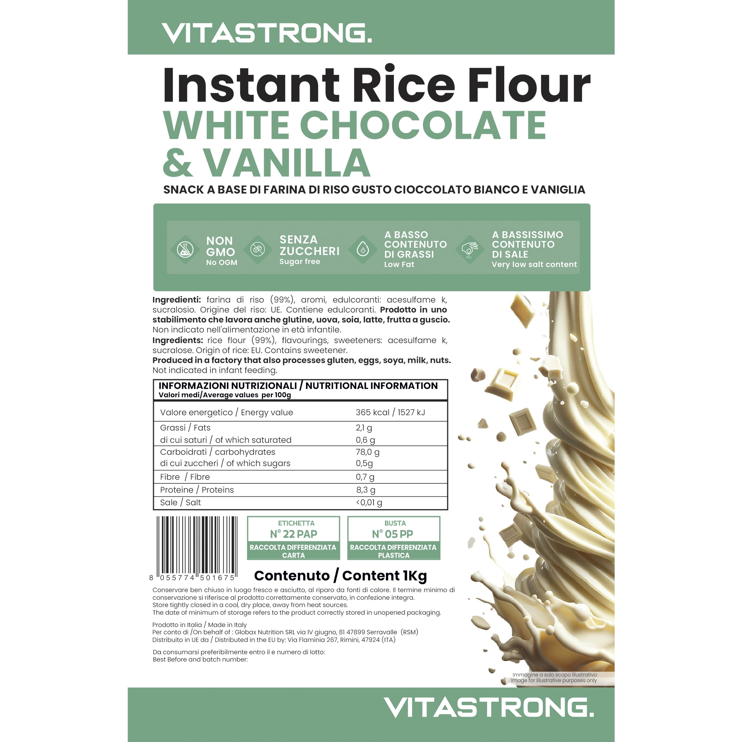 Vitastrong Instant Rijstmeel, witte chocolade & vanille. Voedingswaarde en ingrediënten. Verpakking van 1 kg.