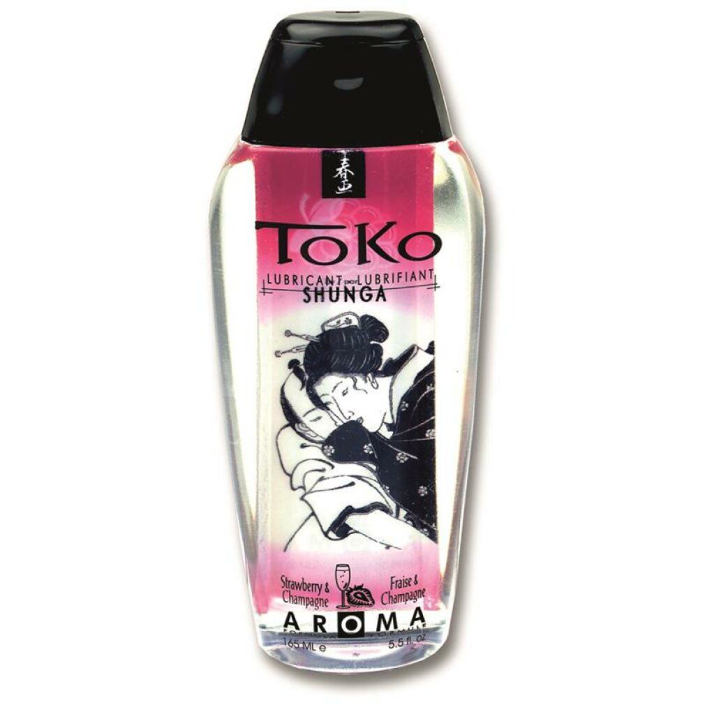 Lubrifiant Toko Shunga dans une bouteille transparente avec bouchon noir. Étiquette avec graphique japonais et texte.