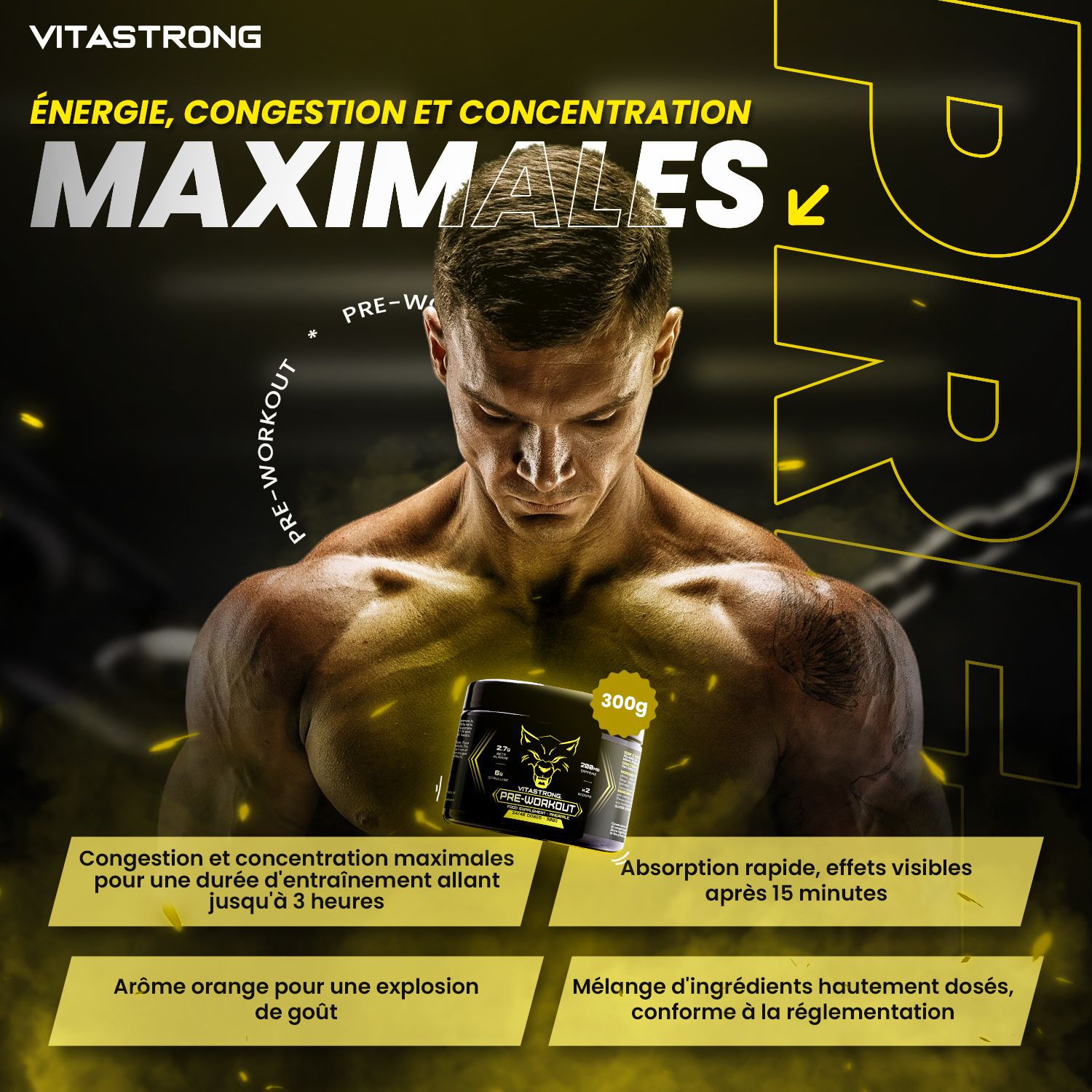 Vitastrong Pre-Workout pot, zwart met gele accenten. Opschrift: Energie, Pump, Concentratie. Gespierde man op achtergrond.