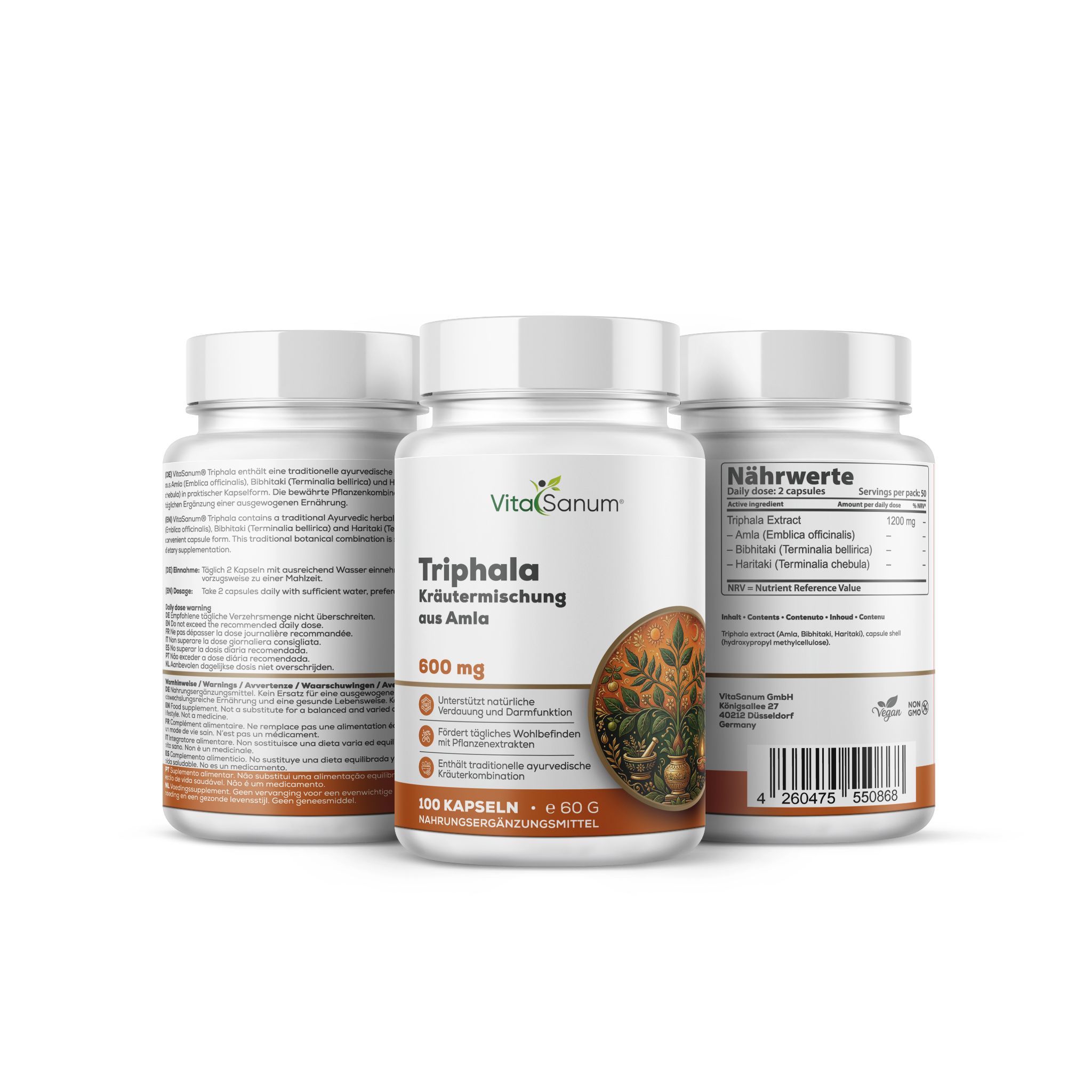 Gélules VitaSanum Triphala : Trois flacons blancs de 100 gélules, 600 mg. Un flacon montre les informations nutritionnelles.