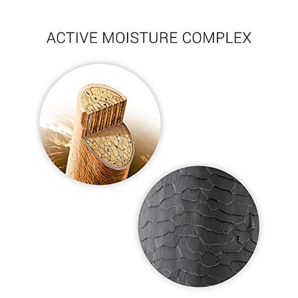 Gros plan de mèches de cheveux absorbant l'humidité. "Active Moisture Complex" est visible.