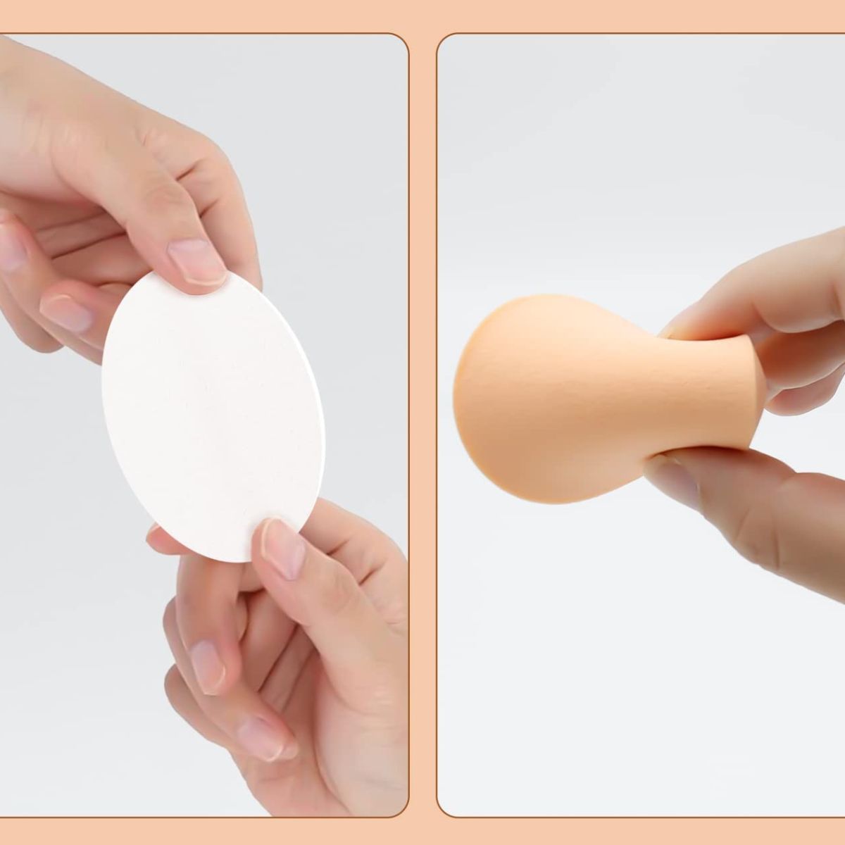 Deux éponges de maquillage rondes, une blanche et une beige, tenues par des mains.