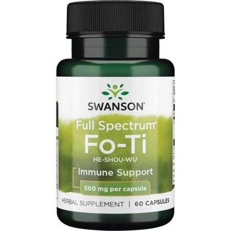 Flacon vert avec bouchon noir. Inscription : SWANSON, Fo-Ti, 500 mg par capsule, 60 capsules. Complément à base de plantes.