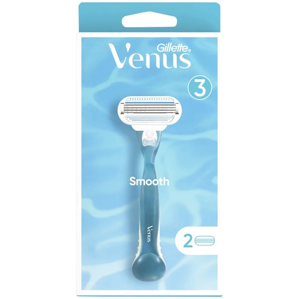 Gillette Venus scheermes. Blauw-witte handgreep, 3 mesjes, 2 navullingen. Verpakking met productafbeelding.