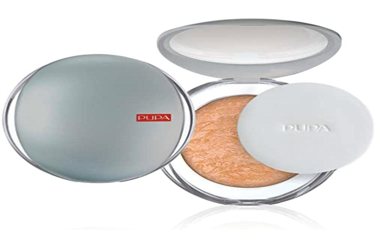 Pupa Luminys Poudre Compacte, 01 Ivory Beige. Open verpakking met poeder en applicator.