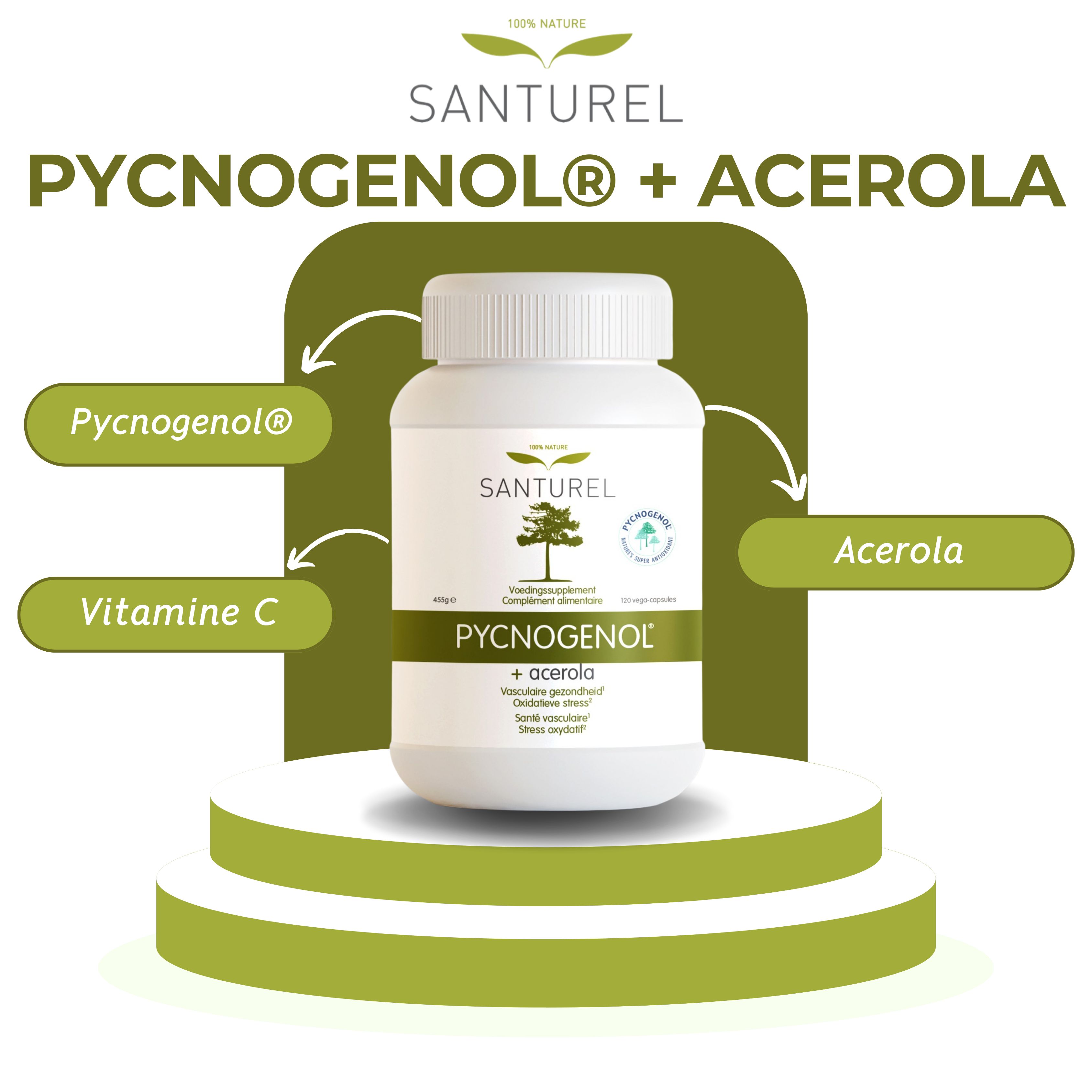 Fles Santurel Pycnogenol® + Acerola. Pycnogenol®, Acerola en Vitamine C. Op een voetstuk.