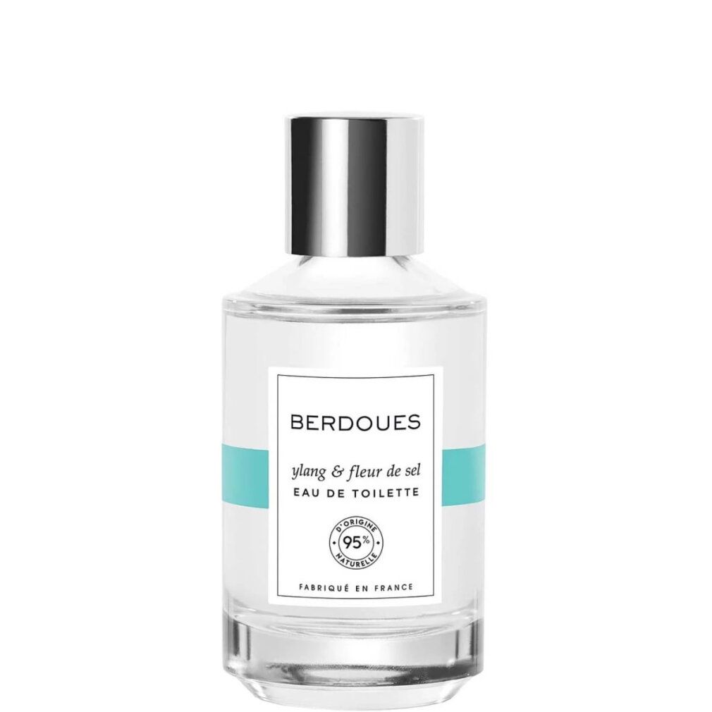 Eau de Toilette Ylang & Fleur de Sel de Berdoues dans un flacon en verre avec bouchon argenté et bande bleue.