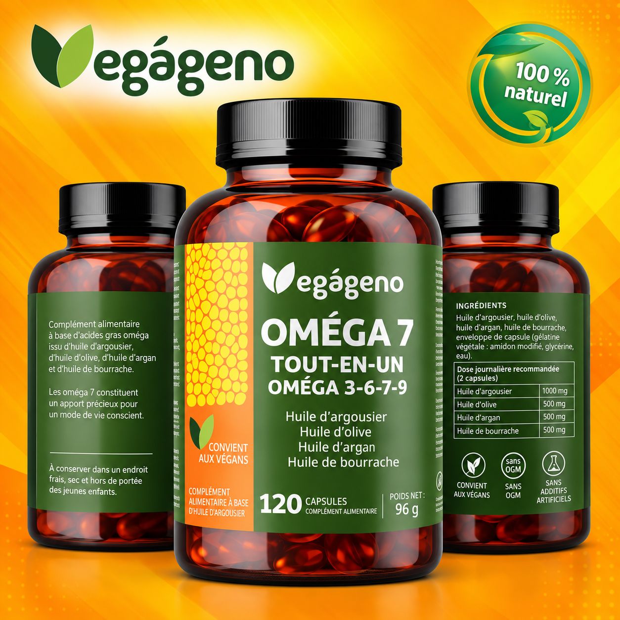 Trois bouteilles de compléments alimentaires Vegageno Oméga 7. Une bouteille est centrée à l'avant.