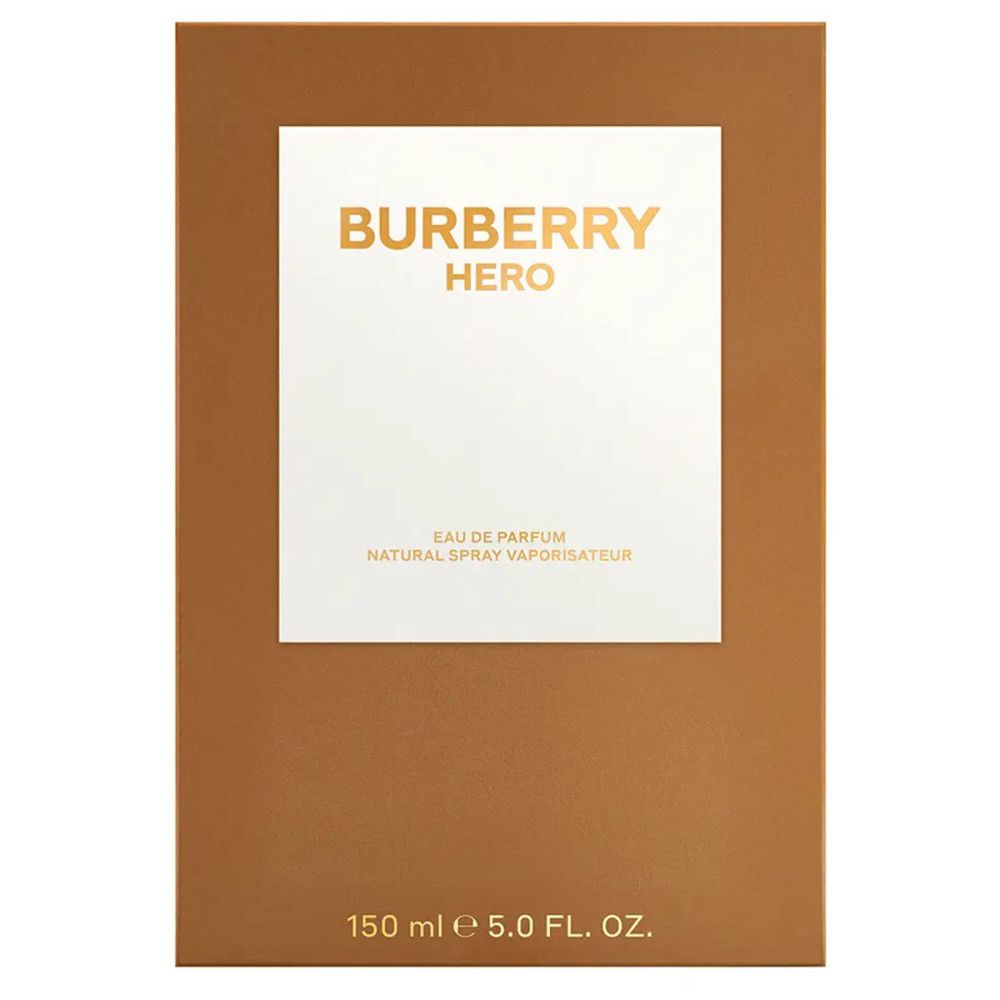 Burberry Hero E.d.P. Nat. Spray. Bruine verpakking met wit vlak. Gouden belettering.