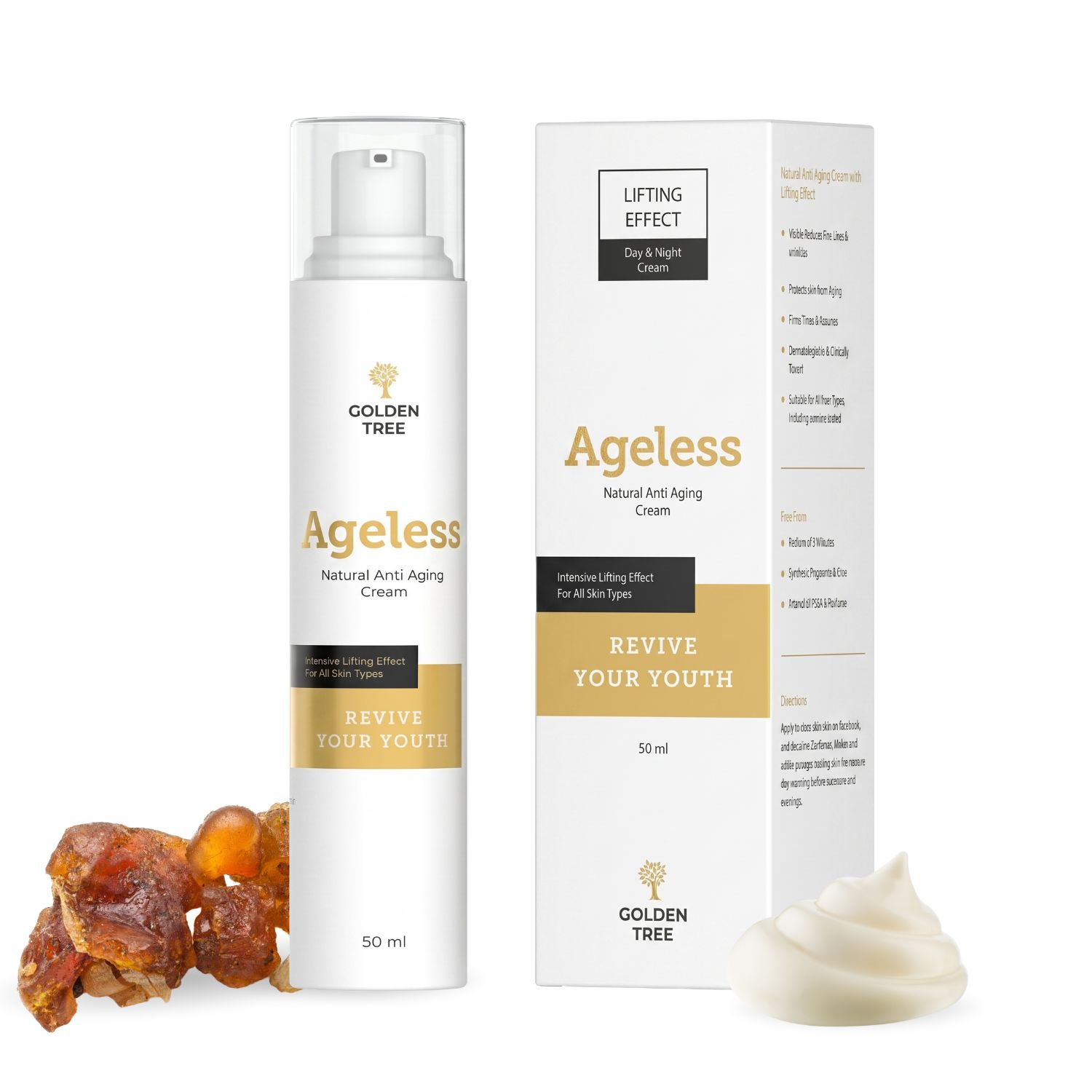 Golden Tree Ageless anti-aging crème in witte pompflacon, naast de verpakking, een dot crème en stukjes hars.
