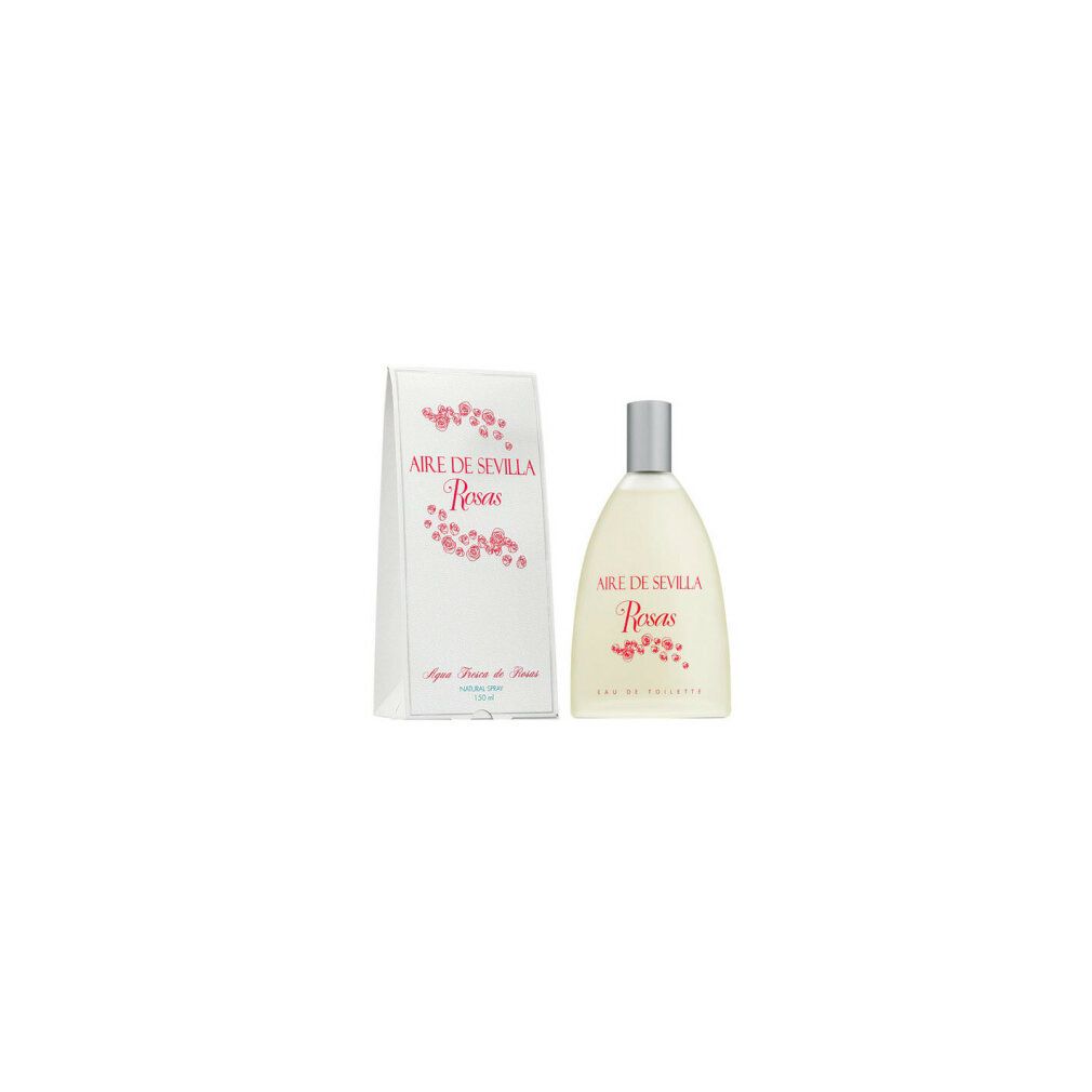 Flacon et boîte Aire de Sevilla Rosas. Motifs floraux roses. Eau de Toilette. Vaporisateur argenté.