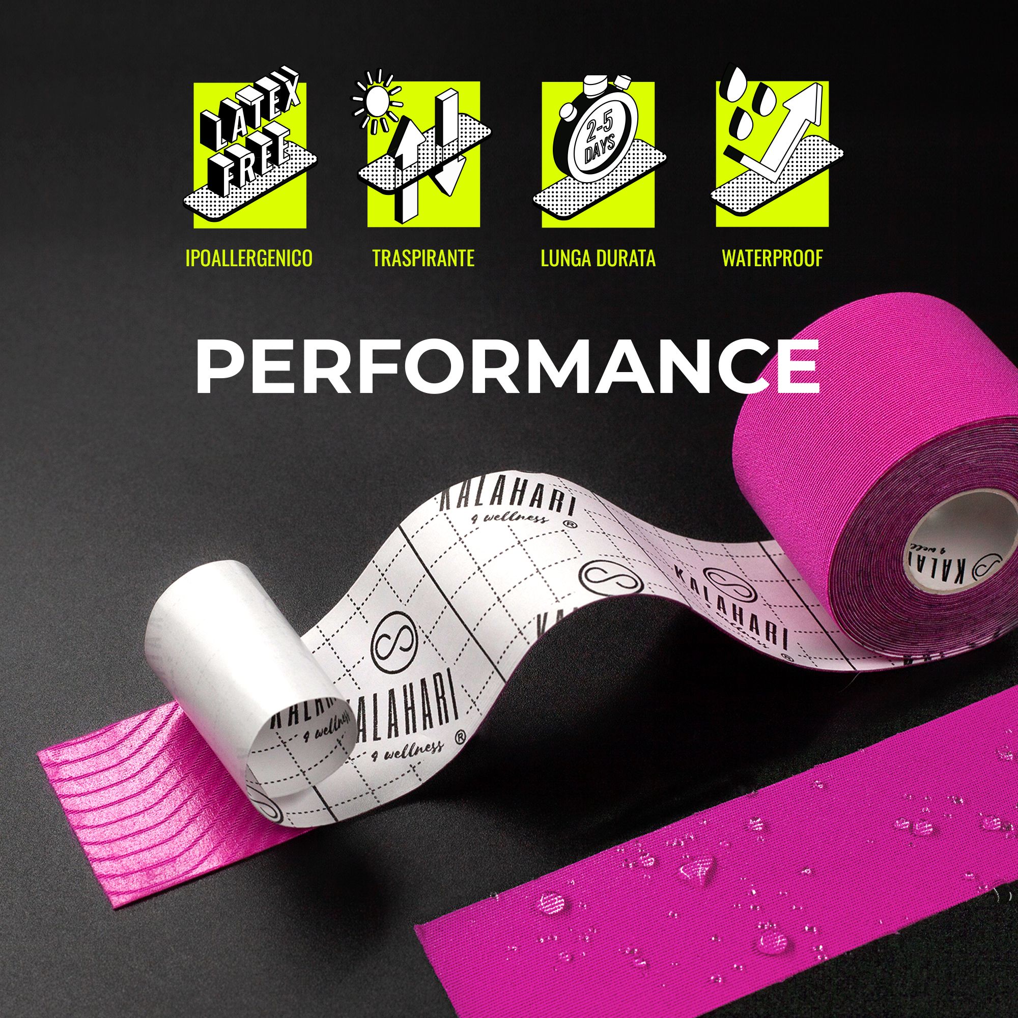 Roze kinesiologietape met rasterpatroon op de kleefzijde, waterdicht en duurzaam.