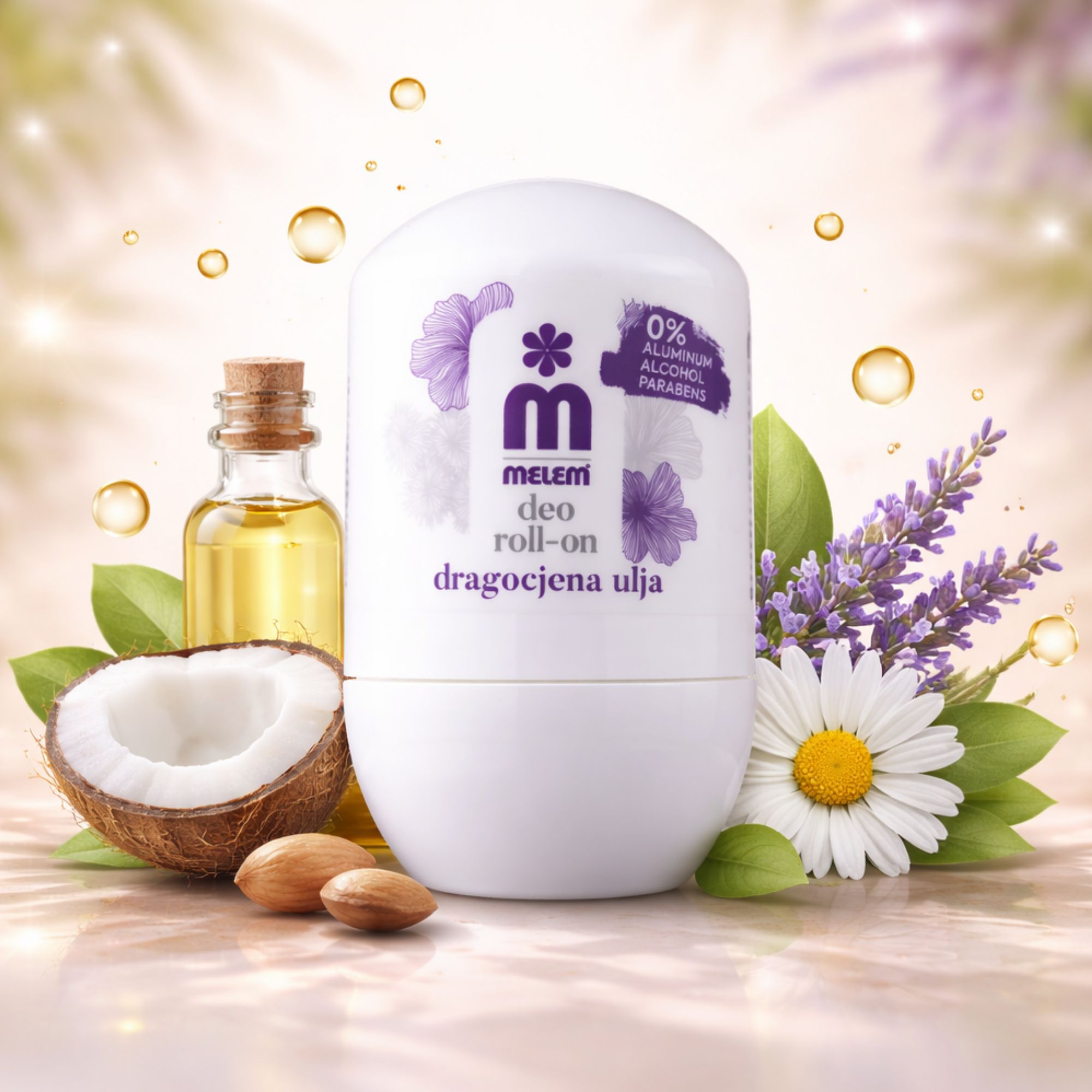 Roll-on blanc avec fleurs violettes et texte. Noix de coco, amandes, lavande et flacon d'huile à côté. Inscription: Melem Deo Roll-On.