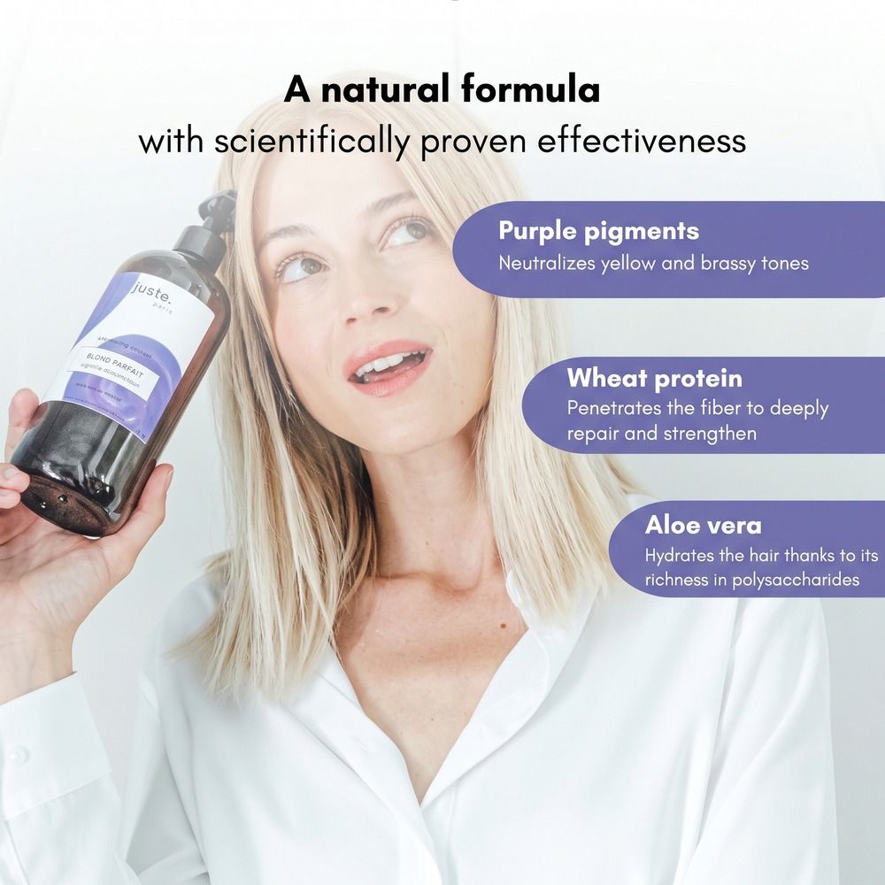 Flacon pompe, shampooing pour cheveux blonds.