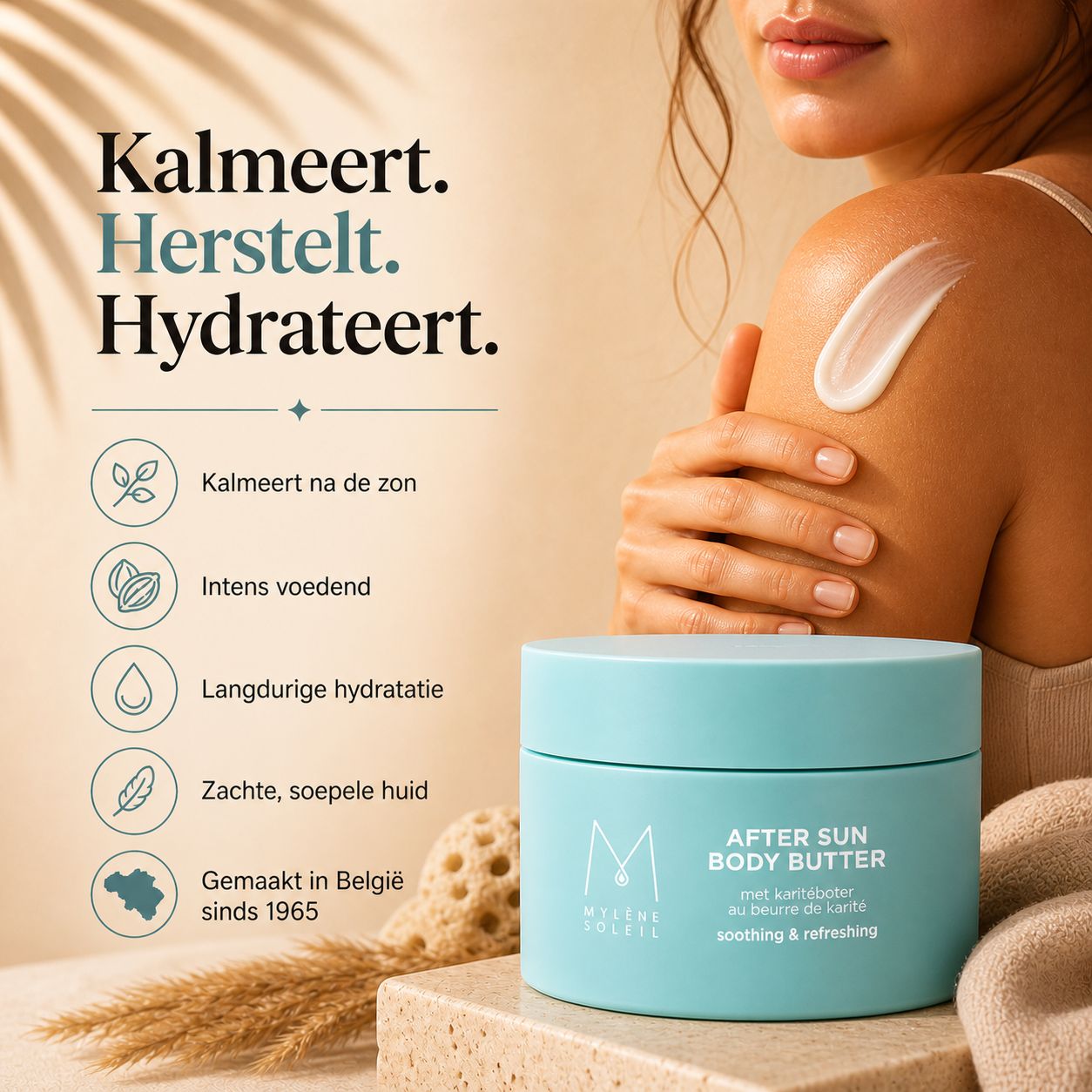Pot After Sun Body Butter naast tekst. Vrouw brengt product aan. Tekst: Kalmeert, Herstelt, Hydrateert. Gemaakt in België.