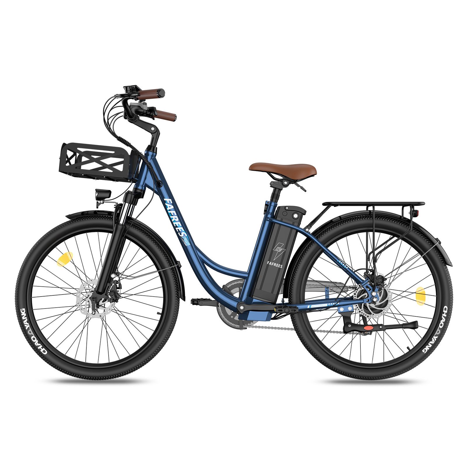 Blauwe e-bike met bruin zadel, bagagerek en mand. Merk FAFREES.