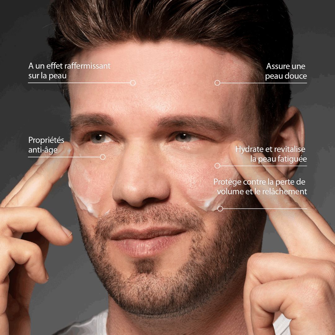 Homme avec crème sur le visage. Texte: Raffermit la peau, peau souple, anti-âge, hydrate, perte de volume.