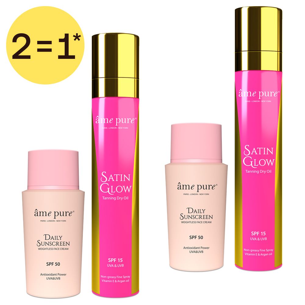 Deux crèmes solaires et deux huiles bronzantes Âme Pure. Offre 2=1.