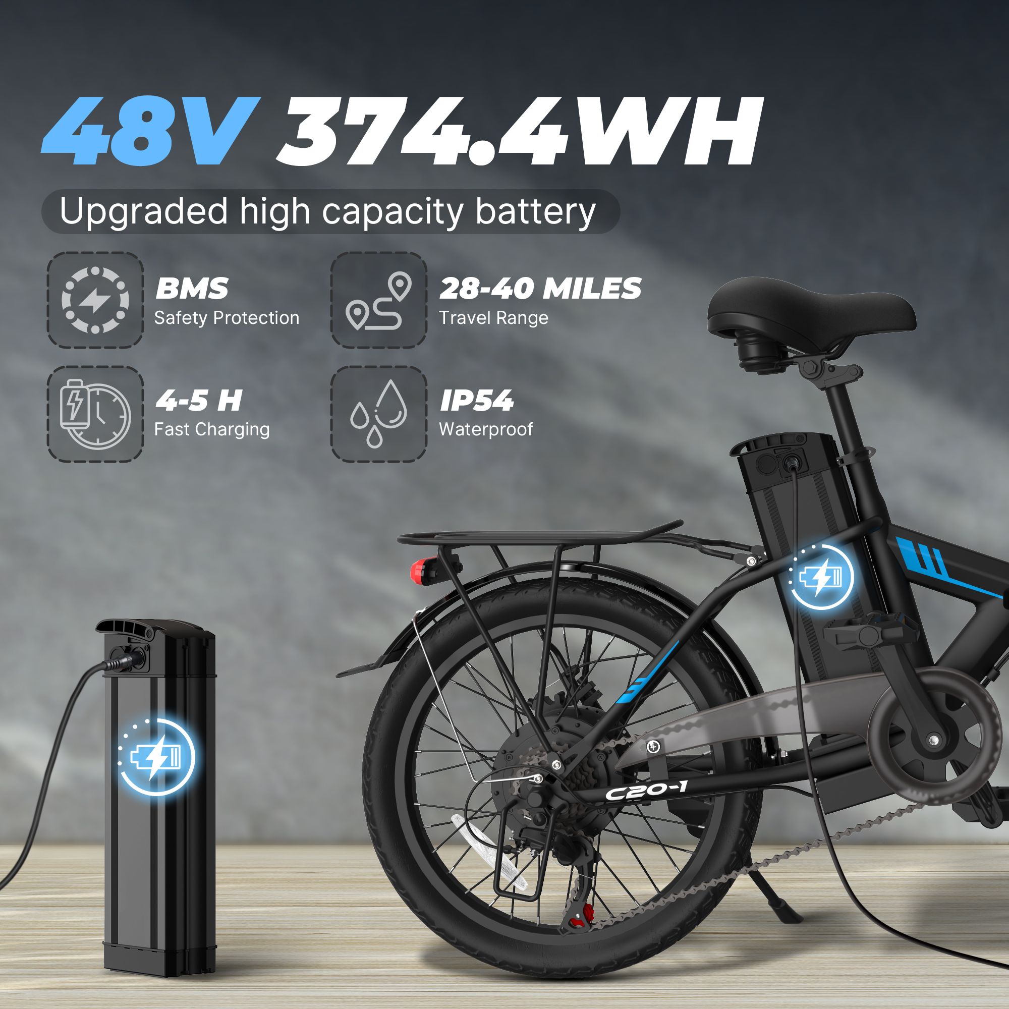Opvouwbare e-bike met 48V batterij. Details: BMS-bescherming, 28-40 mijl bereik, 4-5 uur opladen, IP54 waterdicht.