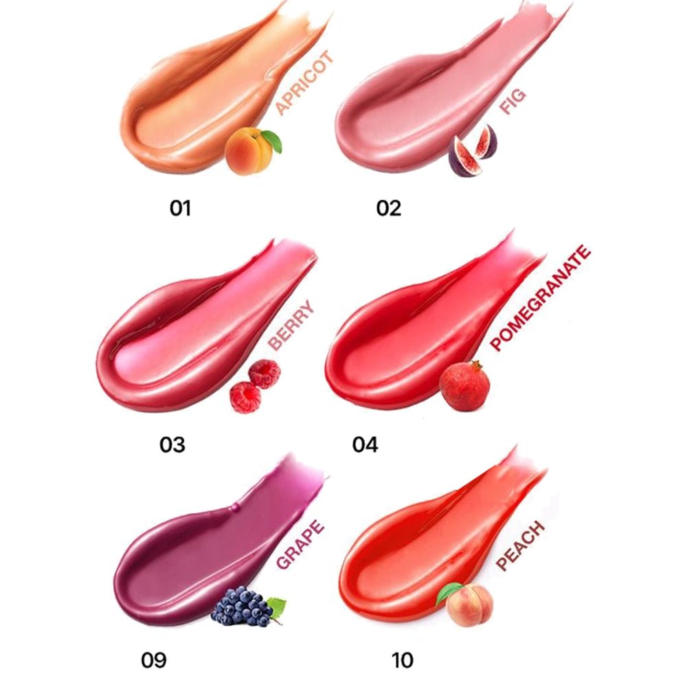 Six couleurs de gloss: Abricot, Figue, Baie, Grenade, Raisin, Pêche. Échantillons de couleurs avec images de fruits.