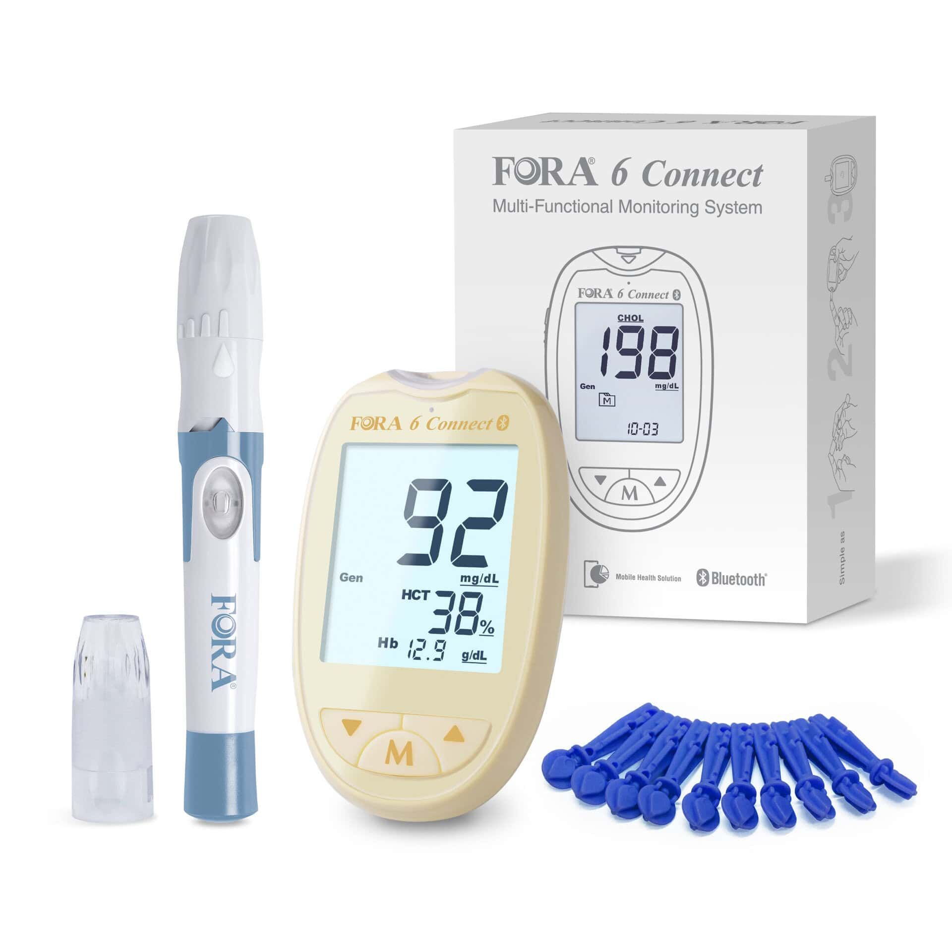 Glucosemeter met display, toont 92 mg/dL, 38% HCT, Hb 12.9. Inclusief prikpen, lancetten, verpakking. FORA 6 Connect.
