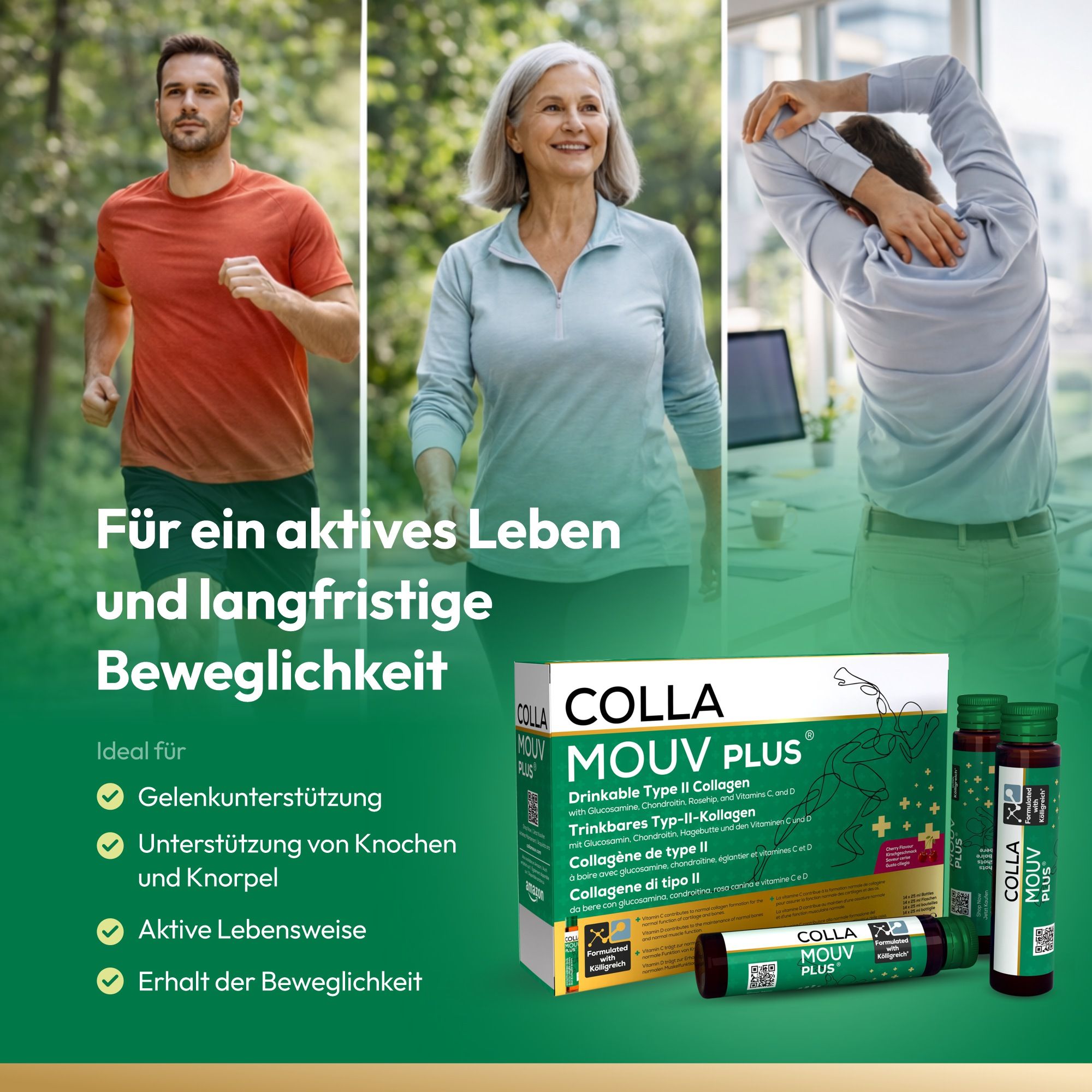 Personnes actives avec boîte de BHW Collamouv Plus Collagène Glucosamine Chondroïtine.