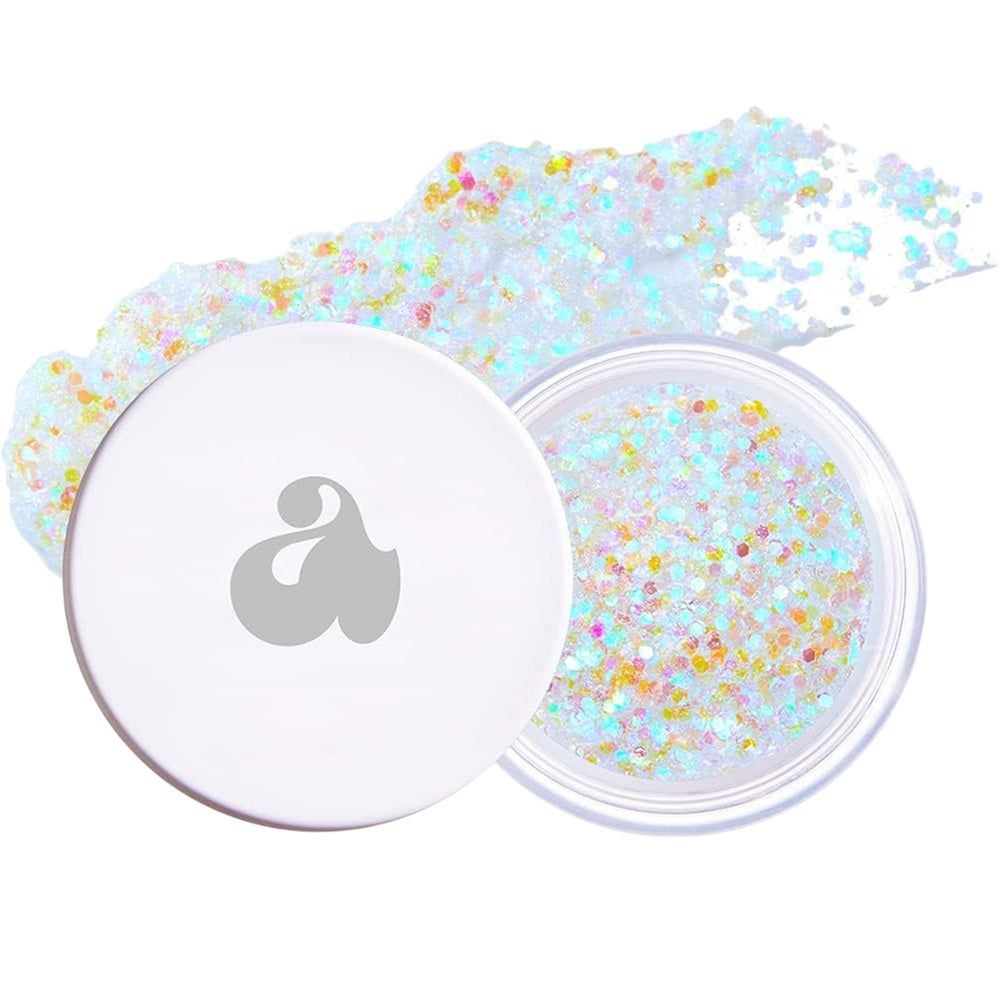 Pot de gel pailleté avec couvercle. Couvercle blanc avec logo.
