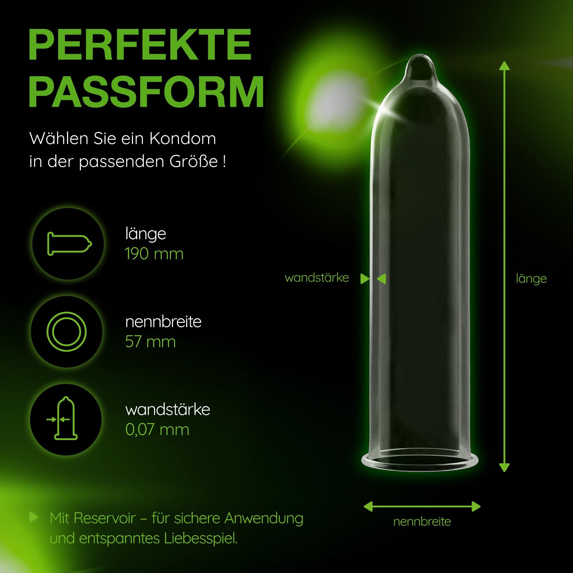 Préservatif Vitalis : Longueur 190 mm, largeur nominale 57 mm, épaisseur 0,07 mm, avec réservoir.