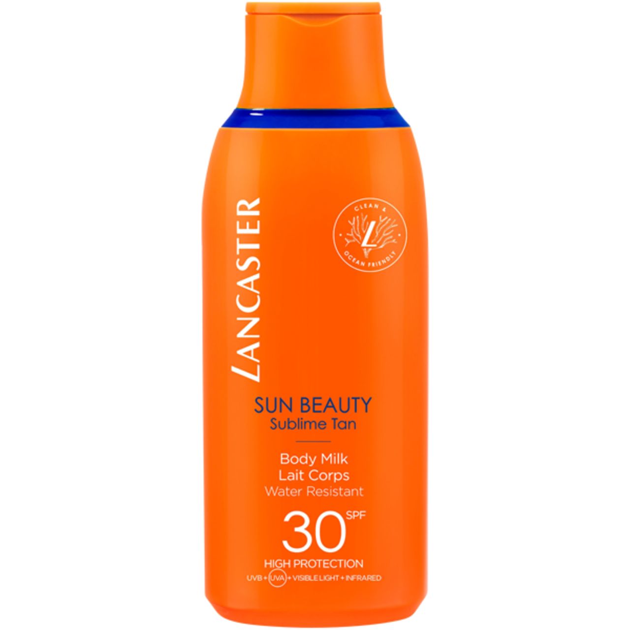 Bouteille orange verticale avec accent bleu. Nom du produit et SPF 30 visibles. Texte: Lancaster, Sun Beauty, Body Milk, Water Resistant.