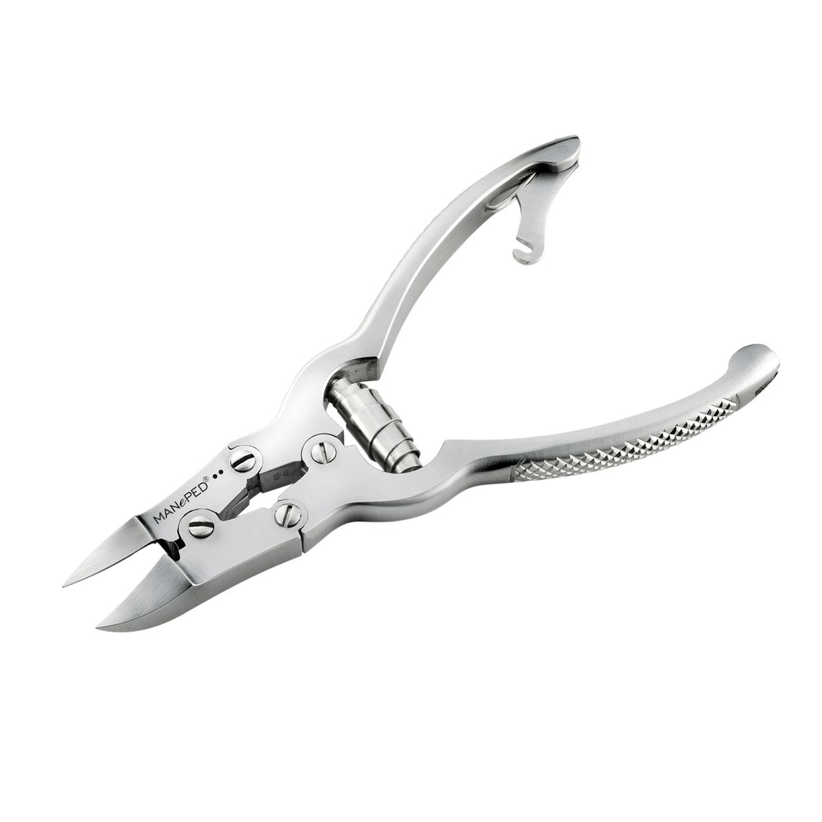 Nagelknipper met dubbele tandwielen. Zilverkleurig metaal. MANePED-logo. Open weergave.