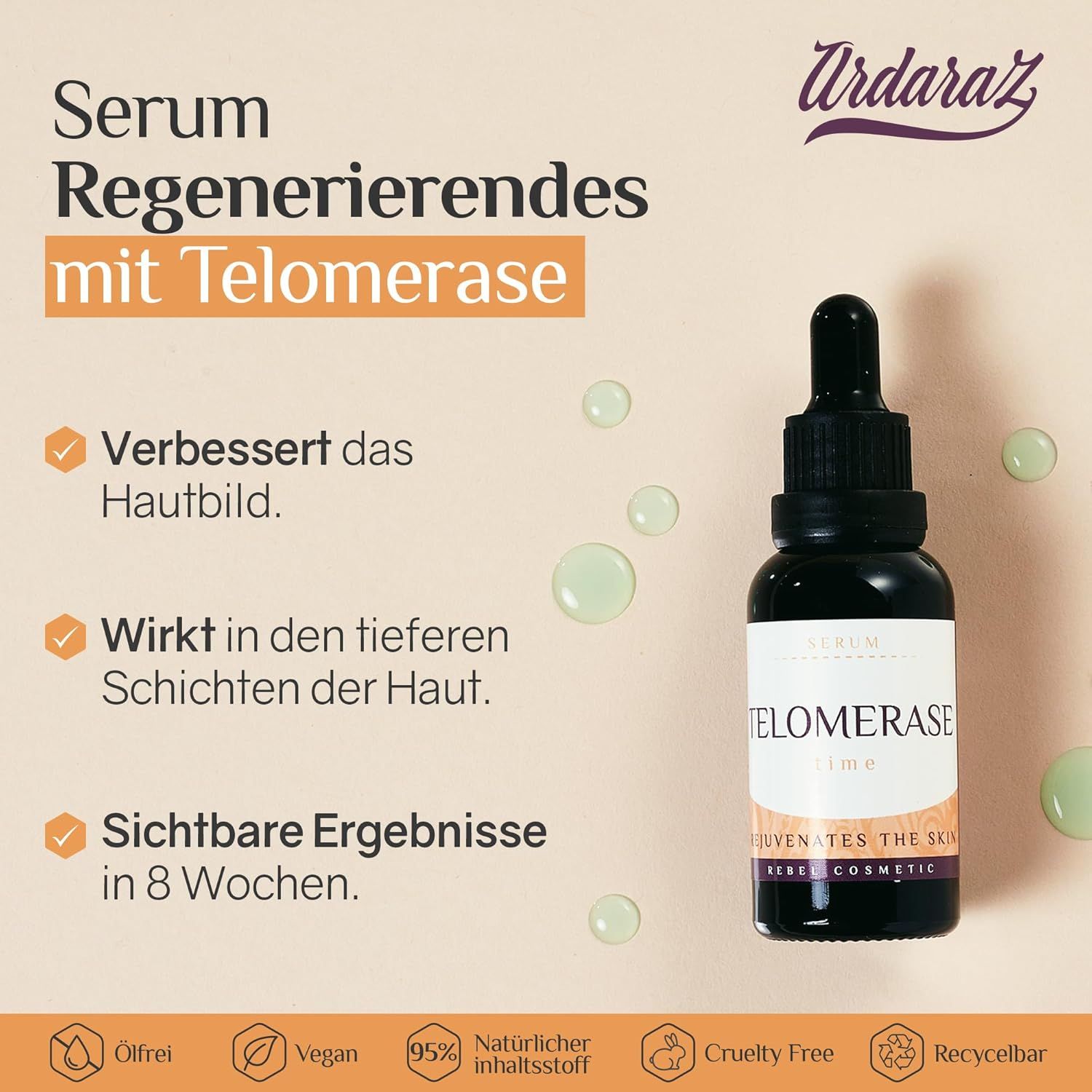 Flacon de sérum avec texte. Texte : Sérum régénérant à la télomérase. Logos : Sans huile, Vegan, 95% naturel, Cruelty Free, Recyclable.