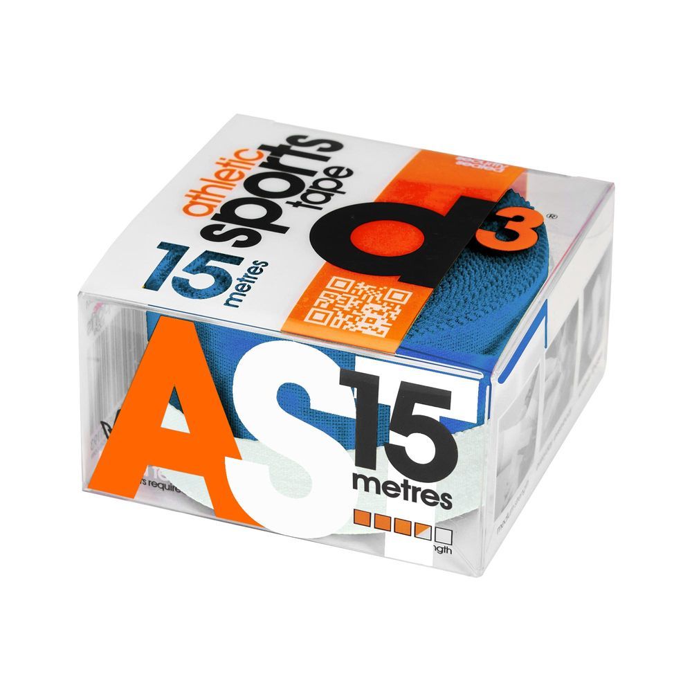 Verpakte blauwe sporttape, 15 meter, merk d3.