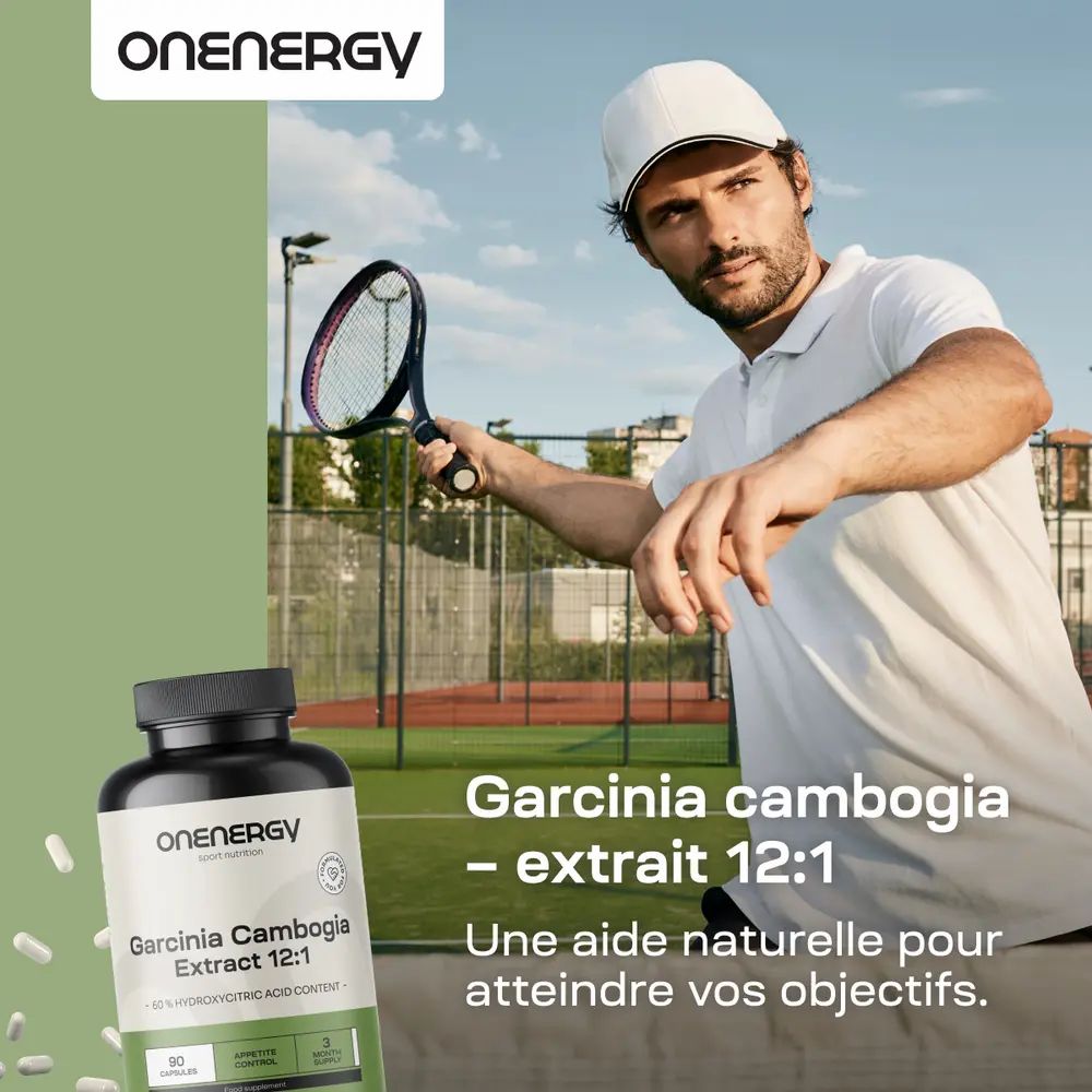 Bouteille OnEnergy Garcinia Cambogia Extrait 12:1, 90 gélules. Texte: 'Meilleur prix'. Gélules dispersées.