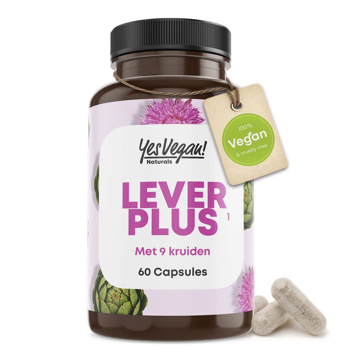 Fles 'Lever Plus' (Nederlands) met 60 capsules, met vegan zegel en artisjok-motief.