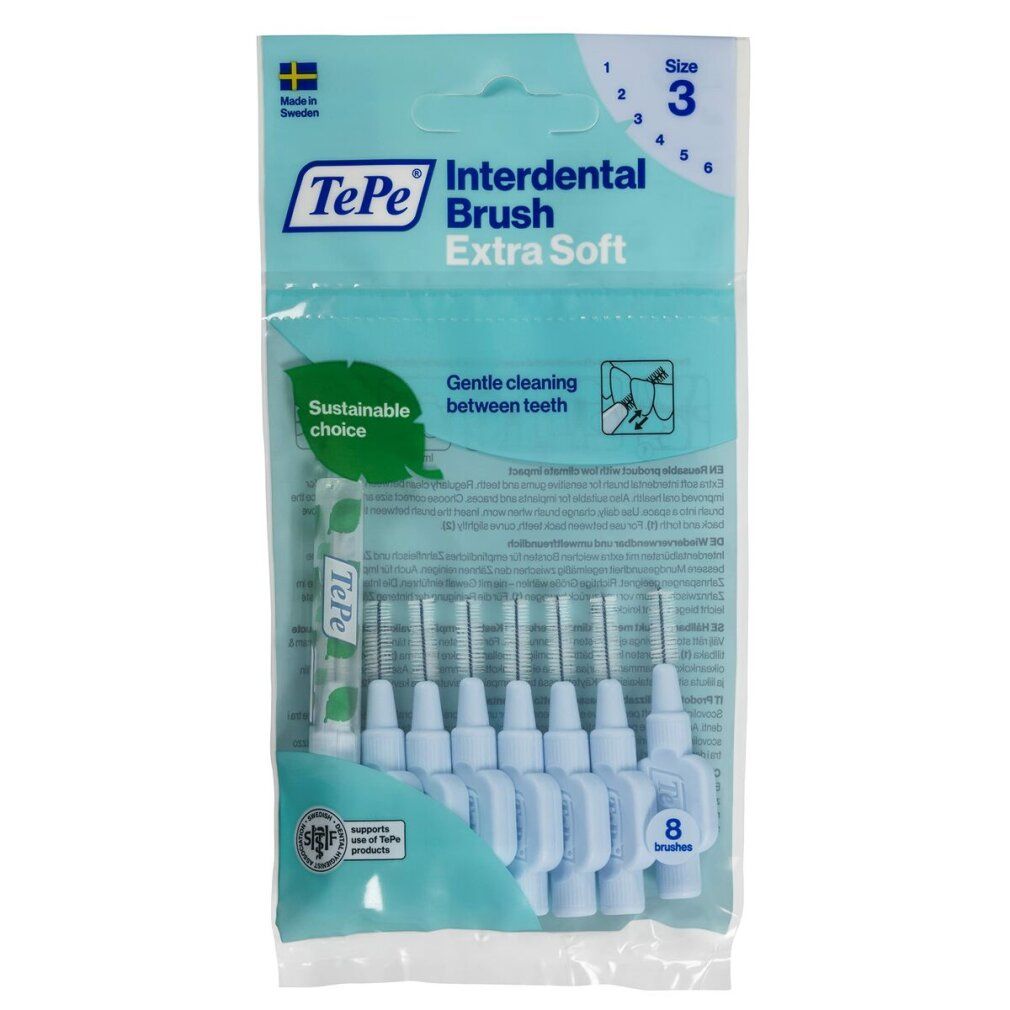 Verpakking met blauwe TePe interdentale borstels. Extra Soft, 8 stuks. Opschrift: Gentle cleaning between teeth. Duurzame keuze.